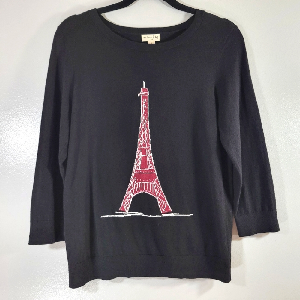 MAISON JULES black sequined Paris Eiffel Tower crewneck cotton blend sweater
